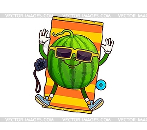 Groovy watermelon character sunbathing on beach - vector EPS clipart