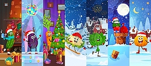 Cartoon vegetable characters on Christmas holiday - vector clipart