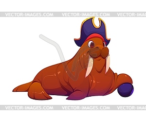 Cartoon funny walrus sea animal pirate character - vector image