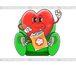 Groovy cartoon heart character eating popcorn - vector clipart