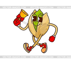 Christmas pistachio groovy character, ringing bell - vector image