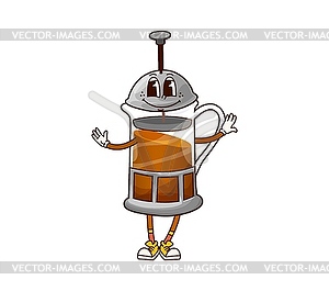 Groovy breakfast coffee french press character - vector clipart