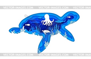 Paper cut underwater landscape turtle silhouette - vector image