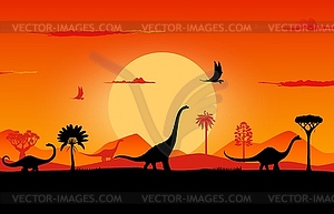 Dinosaurs, sunset silhouette landscape background - vector image