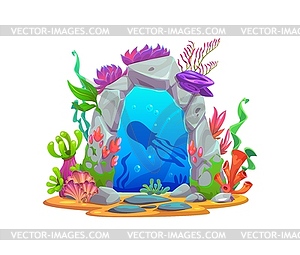 Cartoon magic game underwater portal wit jellyfish - vector image