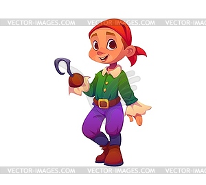 Cartoon boy pirate or corsair with hand hook - vector clipart