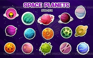 Cartoon alien space planets stickers, set - vector image
