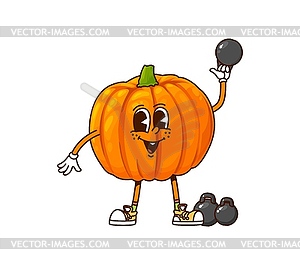 Cartoon groovy pumpkin workout with dumbbells - vector clipart