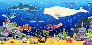 Cartoon underwater landscape, sea animals and fish - vector clipart