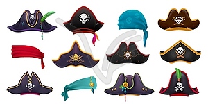 Cartoon pirate hats, corsair captain tricorns set - vector clipart