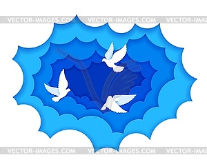 White pigeon dove paper cut birds in clouds - vector image