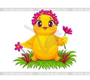 Cartoon chick character on grass with flowers - royalty-free vector image