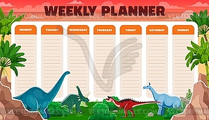 Weekly planner schedule, cartoon dinosaurs, palms - vector clipart