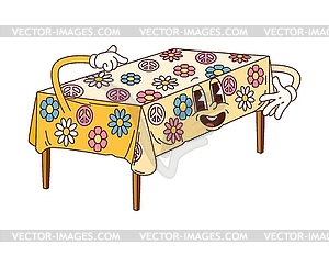 Cartoon table groovy character with tablecloth - vector image