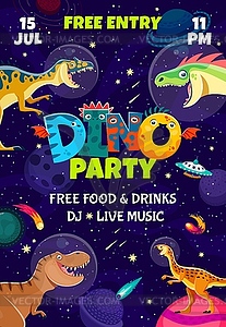 Dino party flyer of dinosaur astronauts characters - vector clipart