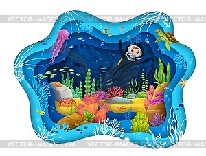 Kid scuba diver at underwater landscape, paper cut - vector image