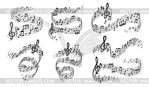 Song waves with sheet music notes on staves - vector clip art