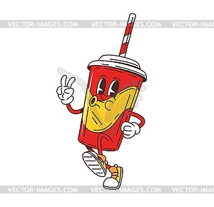 Cartoon retro groovy soda cup fast food character - vector image