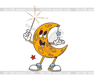 Cartoon retro groovy moon character with sparkler - vector clip art