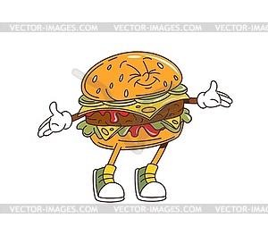 Cartoon groovy retro cartoon hamburger character - vector image