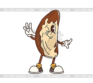 Cartoon groovy Brazilian nut retro character winks - royalty-free vector clipart