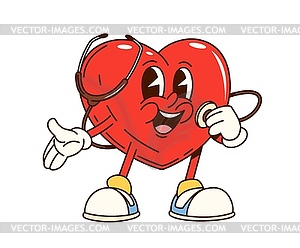 Groovy human heart character with stethoscope - vector image