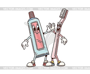 Groovy toothpaste and brush characters high fiving - vector image