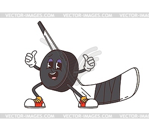 Cartoon retro groovy ice hockey stick and puck - vector image