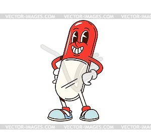 Groovy medical capsule cartoon character - vector image