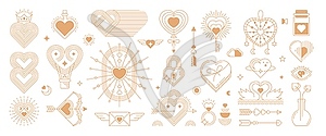 Golden boho Valentine symbols of love hearts - color vector clipart