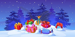 Christmas gifts on snow magical winter scene - vector image