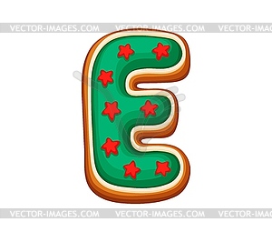 Gingerbread letter E with green icing and red star - vector clip art