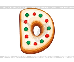 Christmas gingerbread letter D with icing decor - vector clip art