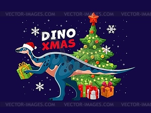 Christmas aralosaurus dinosaur greetings, cartoon - vector clip art