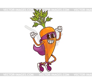 Groovy carrot vegetable superhero flexing muscles - color vector clipart