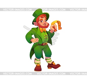 Cartoon leprechaun character with golden horseshoe - vector image