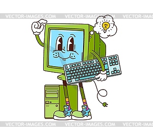 Retro groovy computer cartoon vintage pc character - vector image