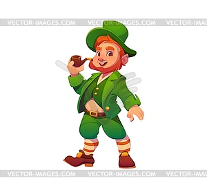 Cartoon Irish leprechaun man holding smoking pipe - vector clipart