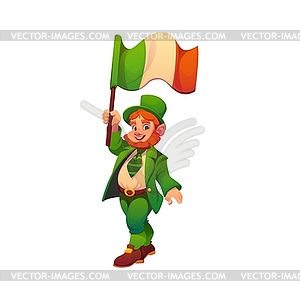 Cartoon leprechaun character waving irish flag - vector image