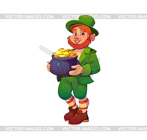 Cartoon irish leprechaun with cauldron with coins - vector image