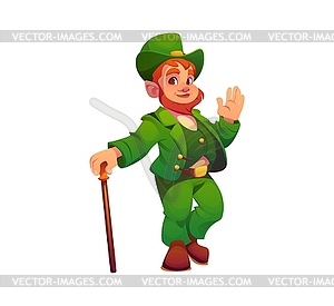 Cheerful cartoon leprechaun with walking cane - vector image