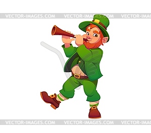 Cartoon Irish leprechaun man playing wooden flute - vector clipart