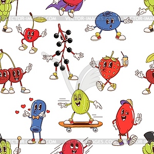 Cartoon groovy berry characters pattern background - color vector clipart