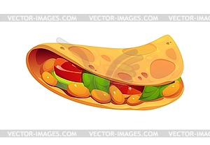 Cartoon taco filled with beans, lettuce, tomatoes - vector clipart