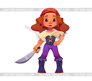 Cartoon kid girl pirate corsair in party costume - vector clipart