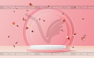 Pink holiday podium stand with golden confetti - vector image