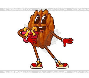 Christmas pecan nut groovy character holding gift - vector image