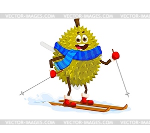 Cartoon durian Christmas fruit character skiing - vector image