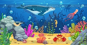 Cartoon underwater landscape, sea animals, fishes - vector clip art