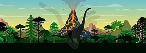 Prehistoric dinosaurs silhouettes, volcano, forest - vector image